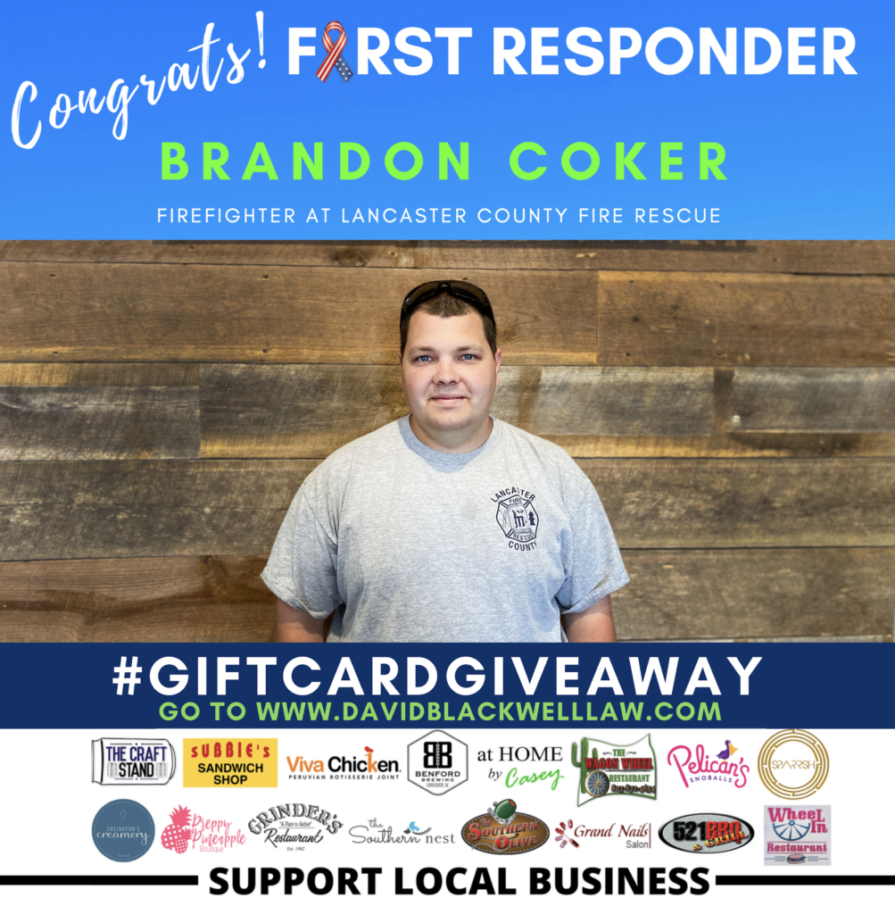 Brandon Coker - First Responder Giveaway Winner - David Blackwell Law